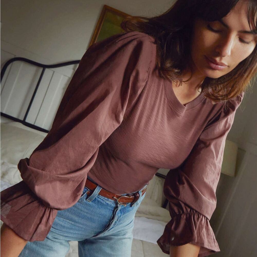 Nation LTD Carly Voluminous Contrast Puff Balloon Long Sleeve Tee Pinot Noir XL
